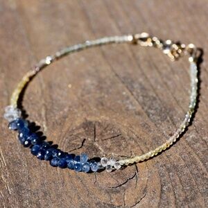 New Natural Green Blue Sapphire Bracelet Solid 14K Gold , 5th 45th Anniversary